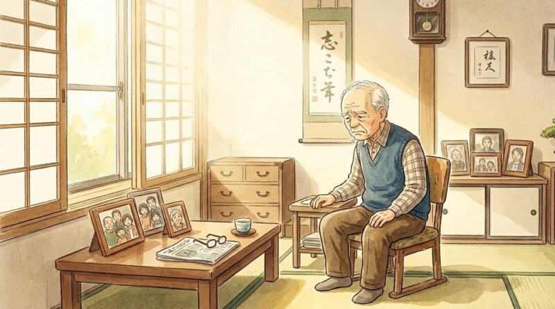 畳の和室で家族写真を前にひとり静かに過ごす高齢男性のイラスト