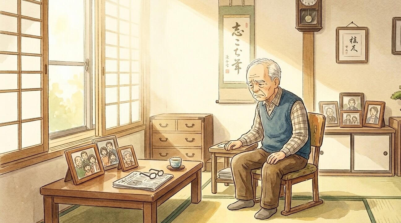 家族写真が飾られた和室で、ひとり椅子に座る高齢男性のイラスト