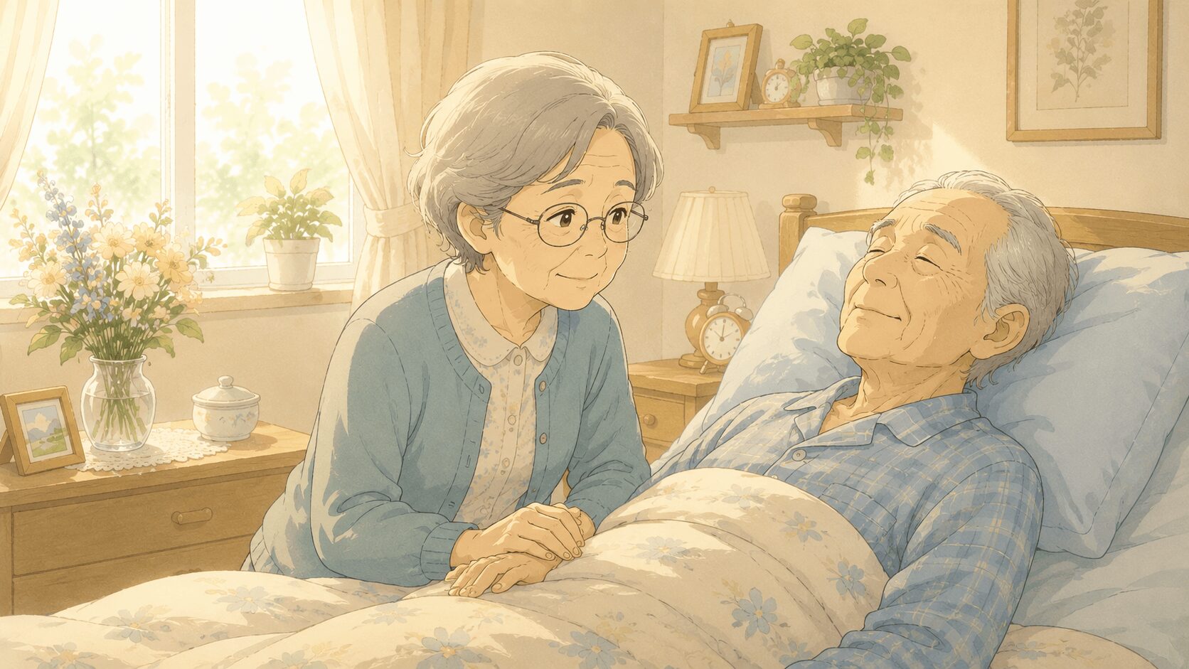 妻が夫のそばに寄り添う、在宅介護の温かなイラスト