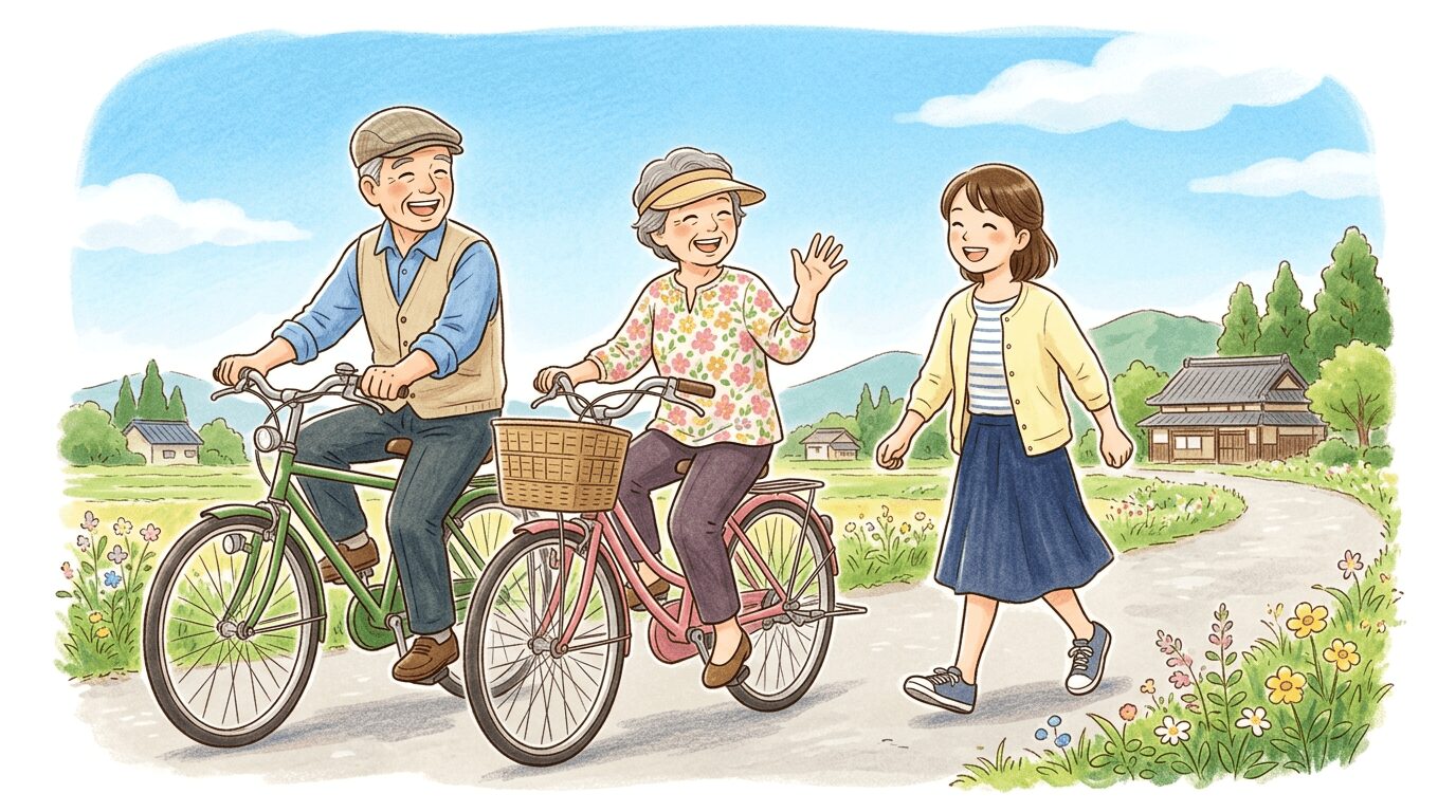 元気な頃の田中さん夫婦と娘が自転車で出かけるイラスト