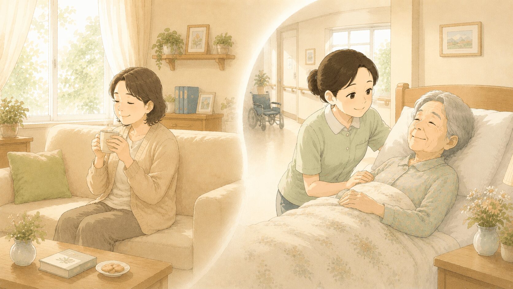 介護者が自宅でほっと一息つきながら、施設のスタッフが高齢者を優しくケアしているショートステイのイメージイラスト